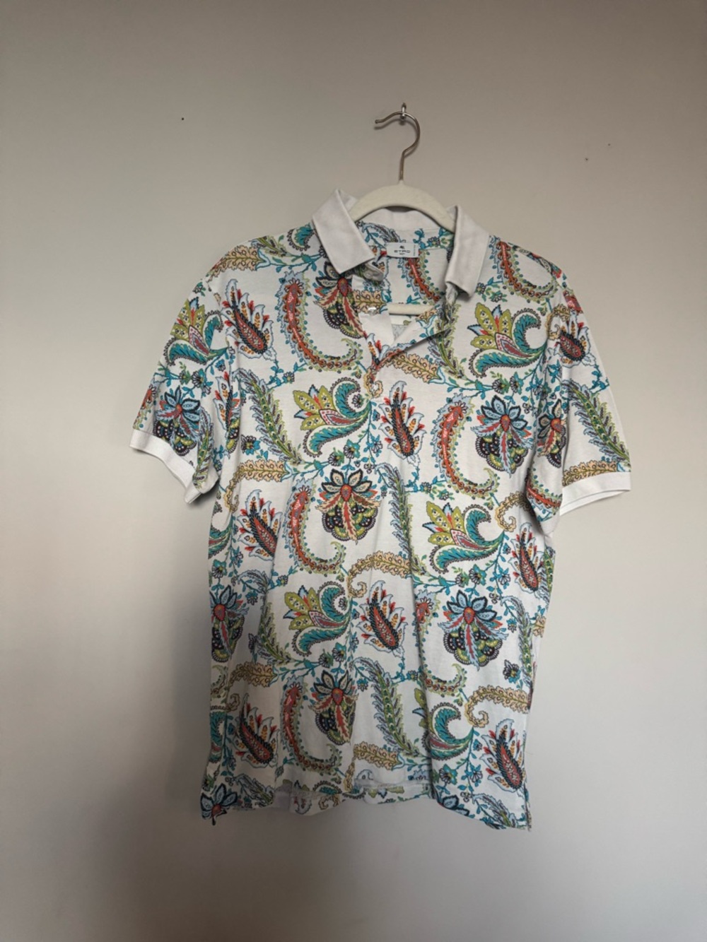 Etro White Polo with Multicolor Paisley Print